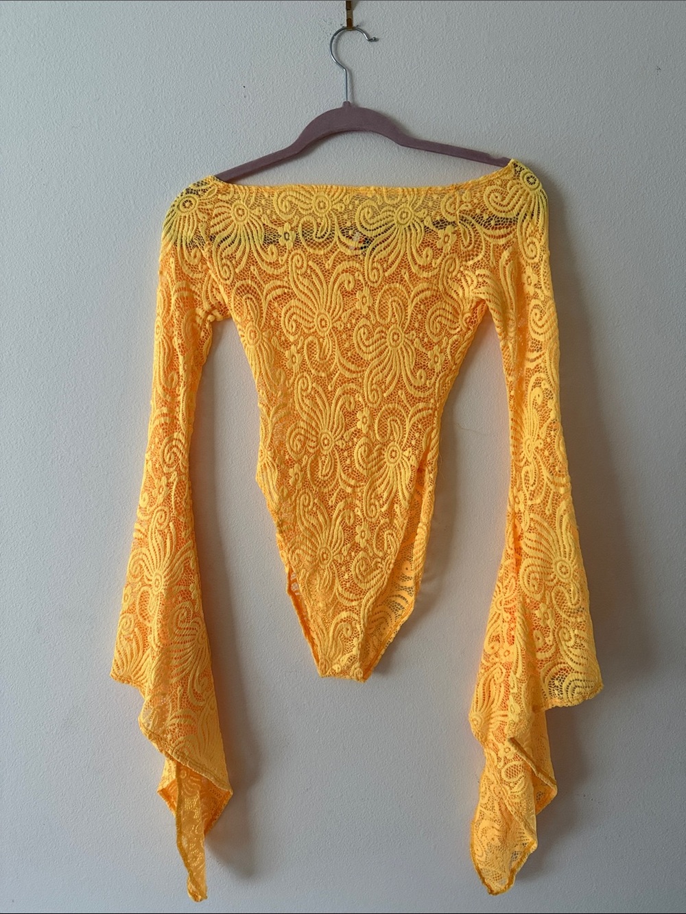 Yellow Lace Off-Shoulder Bell Sleeve Festival Bodysuit